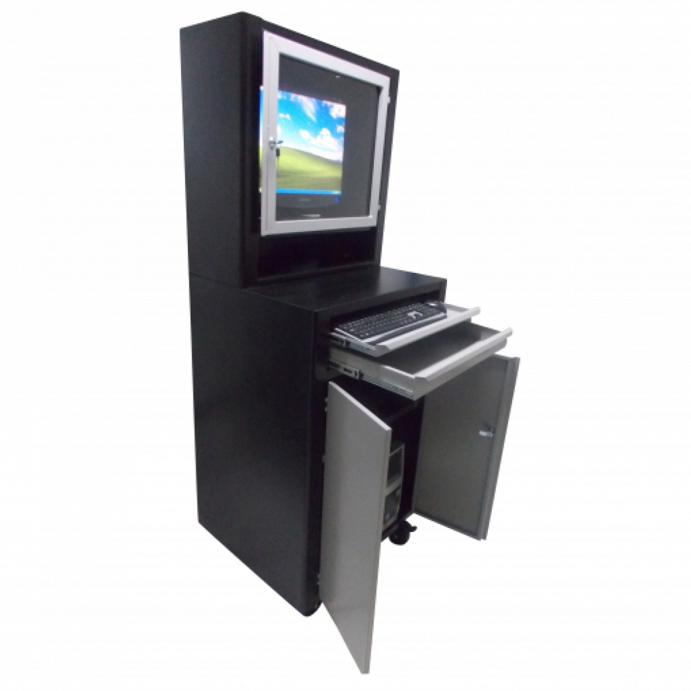 Rack para computador fechado com visor acrílico p/ monitor LCD 2 gavetas, 2 portas 