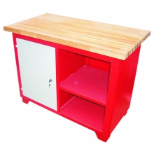 Bancada semi fechada, porta lateral com prateleira, tampo madeira pinus