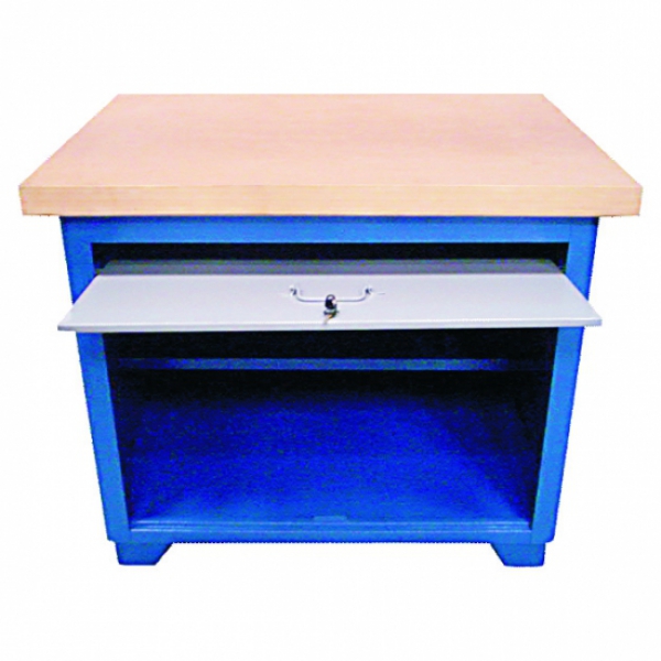 Bancada fechada, 1 prateleira interna, porta retrátil, tampo madeira pinus