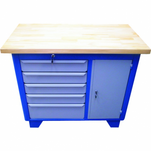 Bancada fechada 5 gavetas, porta lateral, prateleira interna, tampo madeira pinus