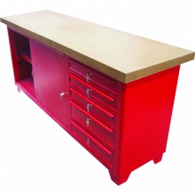 Bancada fechada 5 gavetas, porta de correr, prateleria interna, tampo madeira pinus