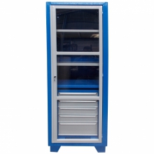 Armário para ferramentas 2 prateleiras móveis com gaveteiro de 5 gavetas - porta c/ visor acrílico